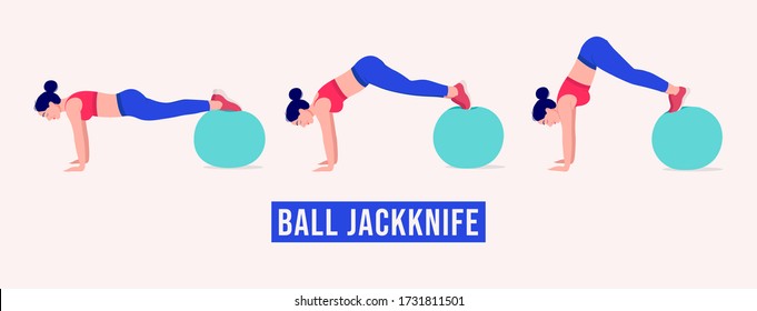 Girl doing Ball Jackknife exercise, Woman workout fitness, aerobic and exercises. Vector Illustration.