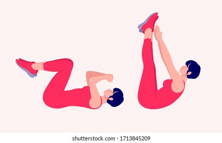 Girl doing bent leg v-up exercise, Woman workout fitness, aerobic and exercises. Vector Illustration.