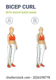 Girl Doing Bicep Curl Home Workout Exercise with Resistance Band Guidance. Woman in Sportswear Do Fitness Exercise with Rubber Band Equipment.