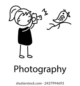 Girl doing bird photography, doodle style icon 