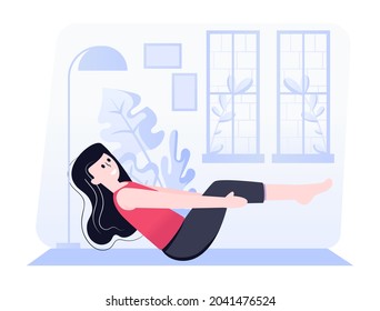 Girl Doing Boat Pose Exercise, Flat Illustration 