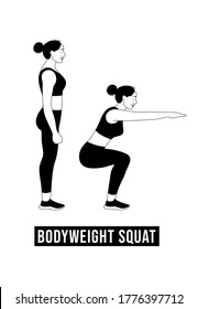 Mädchen, die BODYWEIGHT SQUAT, Frauen trainieren Fitness, Aerobic und Übungen. Vektorgrafik