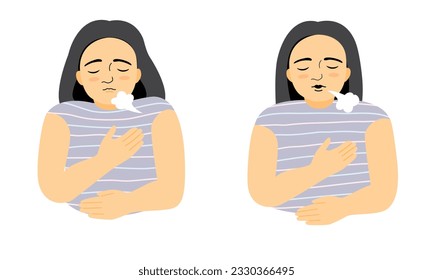 Niña haciendo ejercicio respiratorio para aliviar el estrés en la ilustración vectorial plana.