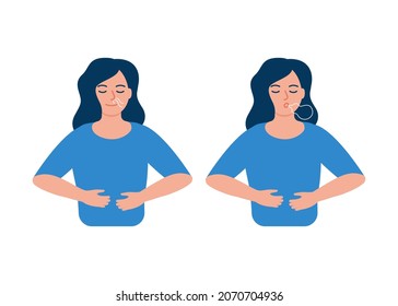 Girl is doing breathing exercise, deep exhale and inhale. Breathing exercise. Healthy yoga and relaxation. Vector illustration