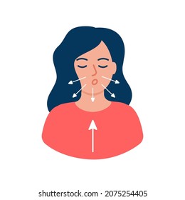 Girl is doing breathing exercise, deep exhale and inhale. Breathing exercise. Healthy yoga and relaxation. Vector illustration