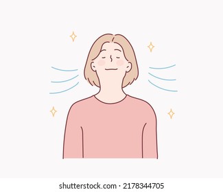 Girl is doing breathing exercise, deep exhale and inhale. Breathing exercise. Hand drawn style vector design illustrations.
