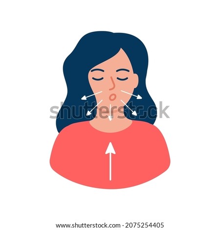 Girl is doing breathing exercise, deep exhale and inhale. Breathing exercise. Healthy yoga and relaxation. Vector illustration