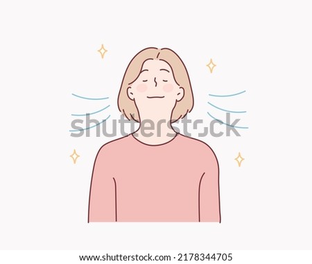 Girl is doing breathing exercise, deep exhale and inhale. Breathing exercise. Hand drawn style vector design illustrations.