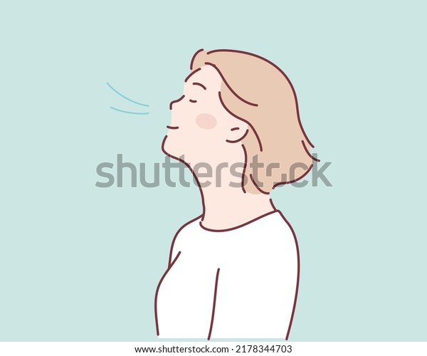 Girl is doing breathing exercise, deep\
exhale and inhale. Breathing exercise. Hand drawn style vector\
design illustrations.