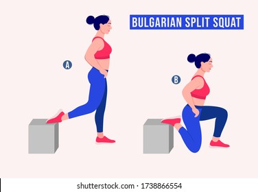 Girl doing Bulgarian Split Squat exercise, Woman workout fitness, aerobic and exercises. Vector Illustration.