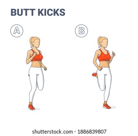 Girl Doing Butt Kicks Home Workout Exercise Guidance. Young Athletic Female Doing Kick Butt or Bum Kicks Exercising Outdoors Workout Concept.