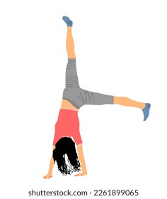 Girl doing cartwheel exercise. Sport woman acrobat figure in handstand position vector illustration. Standing on hand pose. Hand stand lady acrobatics street athlete performer. Stunt in circus skills.