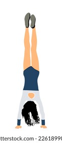 Girl doing cartwheel exercise. Sport woman acrobat figure in handstand position vector illustration. Standing on hand pose. Hand stand lady acrobatics street athlete performer. Stunt in circus skills.