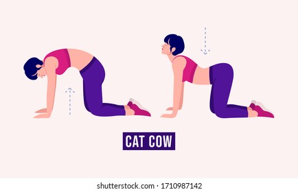 Girl doing CAT COW exercise, Woman workout fitness, aerobic and exercises. Vector Illustration.