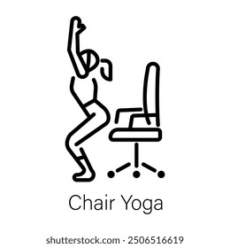 Girl doing chair yoga, line icon 