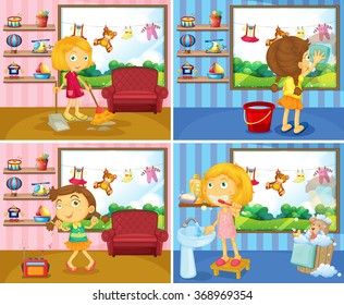 Girl doing chores in the house illustration