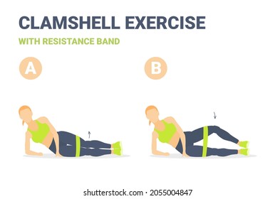 Girl Doing Clamshell with Resistance Band Sport Exercise. Colorful Concept of Woman Doing Hip Abduction With Rubber Loop Exercise. Glutes Training and Buttocks Shaping at Home Vector Illustration.