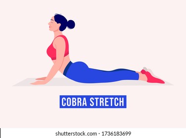 Girl doing Cobra Stretch exercise, Woman workout fitness, aerobic and exercises. Vector Illustration.