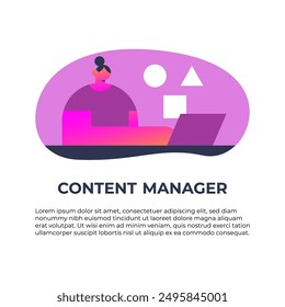 Girl doing Content management system concept design or CMS concept design. Technology, communication. Flat vector illustration.