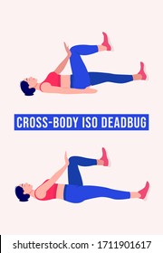 Girl Doing Cross Body Dead Bug Exercise, Woman Workout Fitness, Aerobic And Exercises. Vector Illustration.