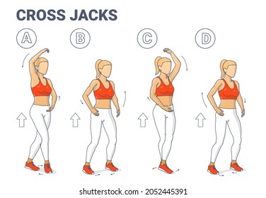 Girl Doing Cross Jacks Home Workout Exercise Guide Illustration. Colorful Concept of Female Working at Home on Her Muscles. Young Female in Sportswear Top, Sneakers, and Leggings Doing Sport Routine.