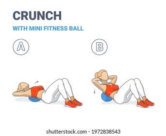 Girl Doing Crunch Exercise with Fitness Mini Ball Guidance Illustration. Female Crunch with Medicine Ball Colorful Concept.