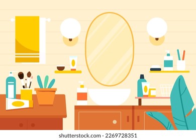 Girl doing daily hair care in bathroom, background with various skin care products and furniture, vector illustration