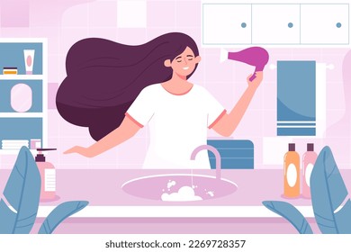 Girl doing daily hair care in bathroom, background with various skin care products and furniture, vector illustration