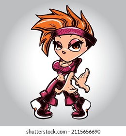 Mädchen, die eine Tanzposie auf Rosa machen. Fitness Tanzmädchen mit rotem Haar. Tanz- und Fitness-Illustrationskonzept.