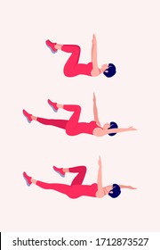 Girl Doing Dead Bug Exercise Set Of 3, Woman Workout Fitness, Aerobic And Exercises. Vector Illustration.