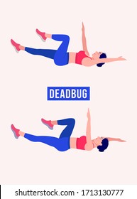 Girl doing Dead bug exercise set of 2, Woman workout fitness, aerobic and exercises. Vector Illustration.