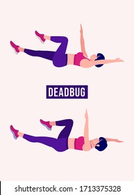 Chica haciendo ejercicio de bicho muerto de 2, La mujer entrenando fitness, aeróbico y ejercicios. Ilustración vectorial.