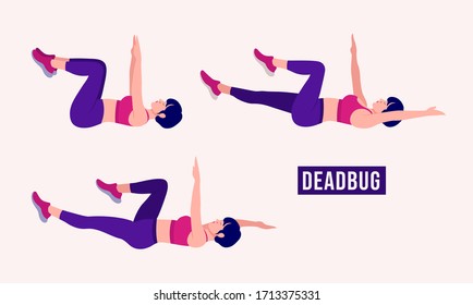 Girl Doing Dead Bug Exercise Set Of 3, Woman Workout Fitness, Aerobic And Exercises. Vector Illustration.