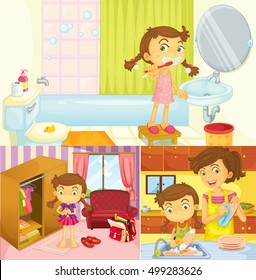Girl doing different activities at home illustration