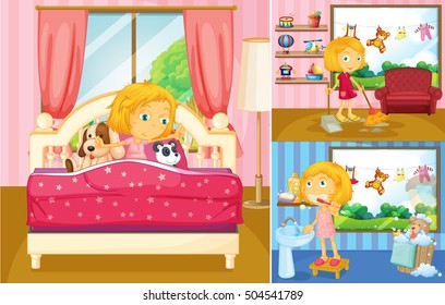 Girl doing different activities at home illustration