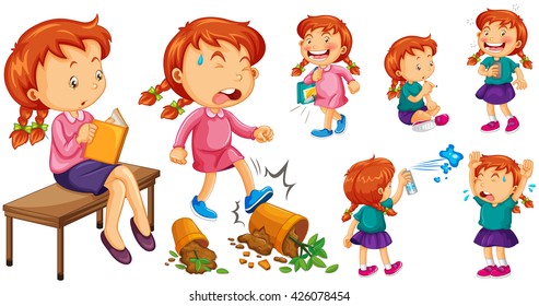 Girl doing different activities illustration