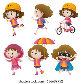 Girl doing different activities illustration