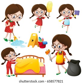Girl doing different chores illustration