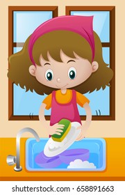 Girl doing dishes at home illustration