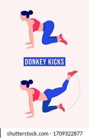 Girl doing  Donkey Kicks exercise, Woman workout fitness, aerobic and exercises. Vector Illustration.