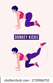 Girl doing Donkey Kicks exercise, Woman workout fitness, aerobic and exercises. Vector Illustration.