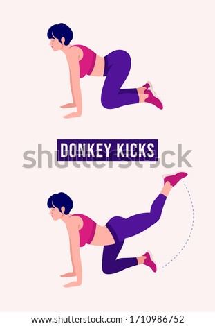 Girl doing Donkey Kicks exercise, Woman workout fitness, aerobic and exercises. Vector Illustration.