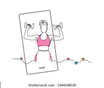 Girl doing exercise with dumbbells. Fitness trainer, social media influencer. Vector simple illustration with phone, like, thumb up, heart, comment  concept.