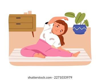 Niña haciendo ejercicio en casa. Feliz niño lindo estirando el cuerpo en la alfombra del piso. Niño pequeño durante entrenamiento físico saludable, entrenamiento de gimnasia. Ilustración vectorial plana aislada en fondo blanco