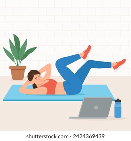 Chica haciendo ejercicio en casa. Entrenamiento abs en línea en el portátil. Estilo de vida saludable y concepto de entrenamiento en el hogar en el interior. Ilustración vectorial.