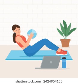 Chica haciendo ejercicio en casa. Entrenamiento abs en línea en el portátil. Estilo de vida saludable y concepto de entrenamiento en el hogar en el interior. Ilustración vectorial.