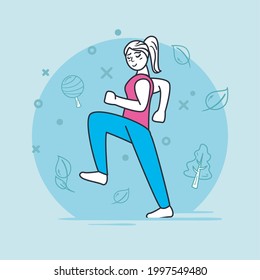 girl doing exercise on blue background