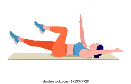 Chica haciendo ejercicio en la parte superior de una alfombra de yoga, gimnasia de entrenamiento para mujeres, aeróbic y ejercicios. Ilustración vectorial.