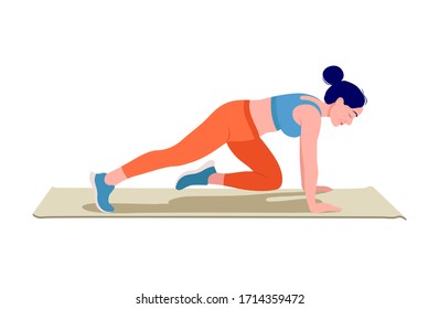 Girl doing exercise on top of a yoga mat, Woman workout fitness, aerobic and exercises. Vector Illustration.