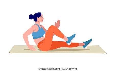 Girl doing exercise on top of a yoga mat, Woman workout fitness, aerobic and exercises. Vector Illustration.